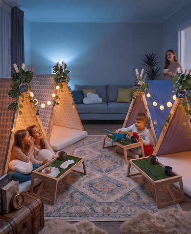 Kids whispering inside cozy A-frame sleepover tents lit with fairy lights