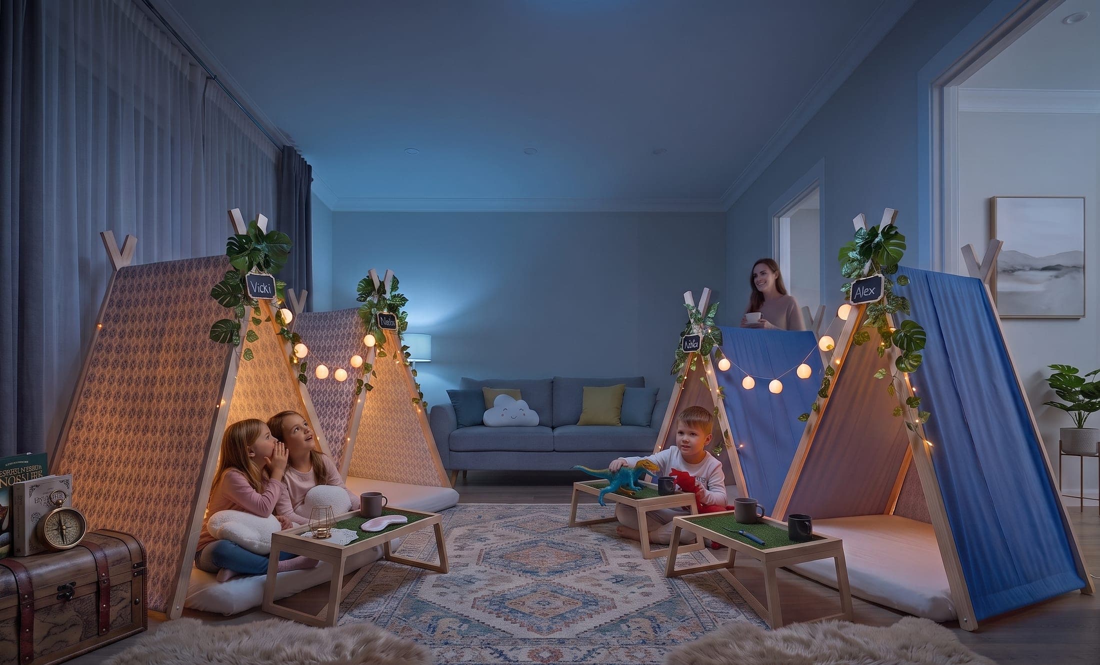 Kids whispering inside cozy A-frame sleepover tents lit with fairy lights