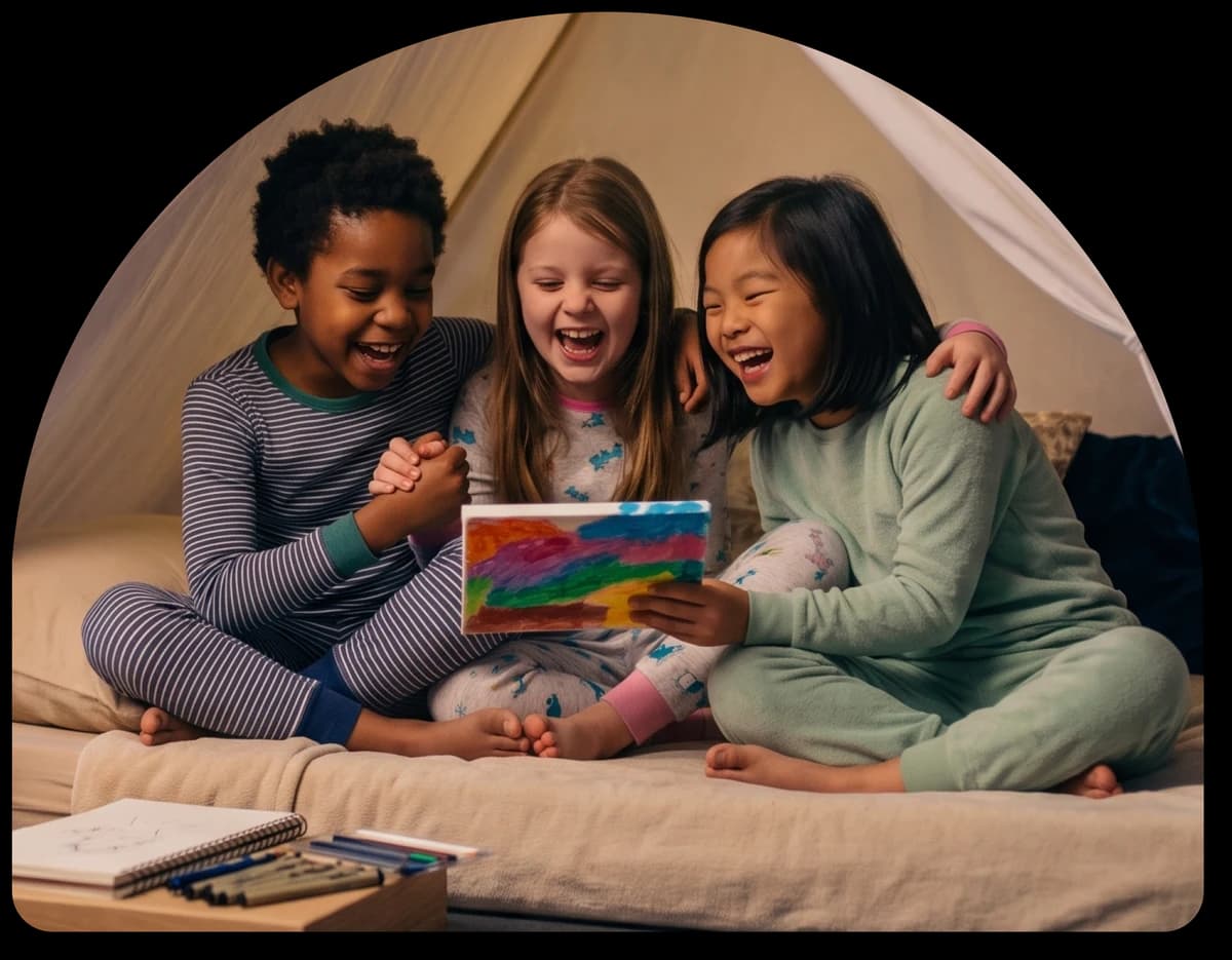 Three kids laughing together inside a sleepover tent, sharing a drawing